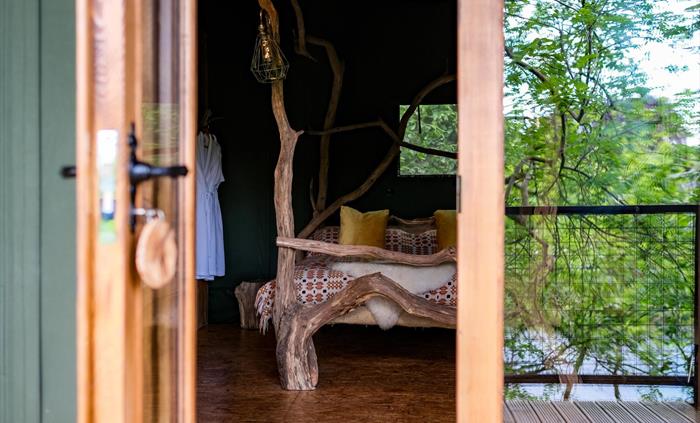 Glamping Accommodation in woods on the banks of the river Wye.  Safari Tent.  Hay-on-Wye